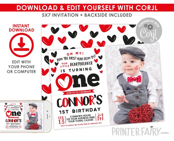 Valentines 1st Birthday Invitation with photo, EDITABLE, Little Heartbreaker Party, Little Sweetheart Invitation, Instant Download, Digital Il_570xn