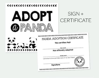 Adopt a Panda, Pet Adoption Party, Panda Adoption Certificate, Modern Birthday Decorations, Digital Printable Signs, INSTANT DOWNLOAD