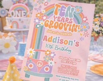 May include: A pink birthday party invitation with a retro theme. The invitation features the text "Ten Years Groovin'" and "Addison's 10th Birthday". A colorful VW bus graphic is also included.