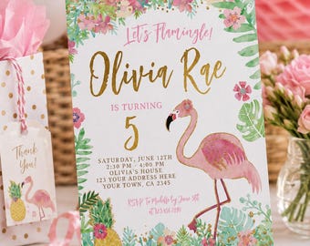 May include: A birthday party invitation featuring a pink flamingo design. The invitation text includes "Let's Flamingle! Olivia Rae is turning 5," along with the date, time, and address. The design incorporates floral and tropical motifs in pink and green.