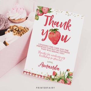 Cartes de remerciement aux fraises, modifiables, Notes de remerciement aux fraises, fête d'anniversaire de fruits, cartes de remerciement Tuttifrutti, téléchargement immédiat