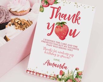 Strawberry Thank You Cards, Editable, Strawberry Thank You Notes, Fruit Birthday Party, Tuttifrutti Thank You Cards, Instant Download