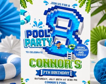 Boy Pool Party 8th Birthday Invitation, Editable Video Game Invite Template, INSTANT DOWNLOAD