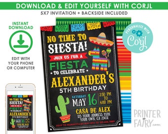 EDITABLE Fiesta Invitation, Fiesta Birthday Invitation, Cinco de Mayo Birthday Party, EDIT YOURSELF Digital Invite