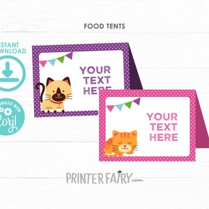 Kitty Cat Food Tents, EDITABLE, Kitty Birthday Party, Cat Food Labels, Kitty Cat Place Cards, DIGITAL, Instant Download