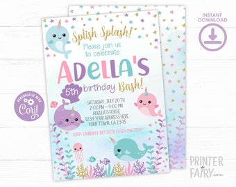 Narwhal Invitation, Mermaid Birthday Party, Under the Sea Invitation, Narwhal Birthday Party, Sea Unicorn, EDIT YOURSELF Digital Invitation