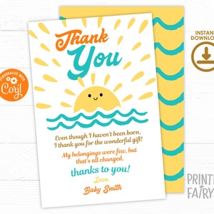 Aquí viene la tarjeta de agradecimiento de la fiesta de cumpleaños del sol, descarga instantánea, fiesta de cumpleaños Boho Sunshine, tarjeta de fiesta de cumpleaños, plantilla imprimible