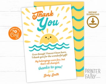 Here Comes the Sun Birthday Party Thank You Card, Instant Download, Birthday Boho Sunshine Party, Birthday Party Card, Printable Template