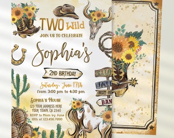 Cowgirl "Two Wild" 2nd Birthday Party Invite: Rodeo, Horse, & Rustic Celebration - Instant Download Wild West Template, Editable in Corjl
