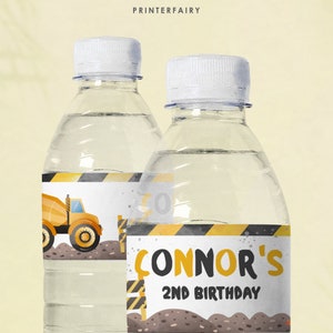 Construction Water Bottle Labels: Truck Birthday Party Accessories, &quot;Under Construction&quot; Theme Drink Decals Template, Editable in Corjl