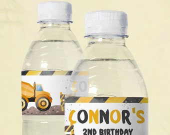 Construction Water Bottle Labels: Truck Birthday Party Accessories, "Under Construction" Theme Drink Decals Template, Editable in Corjl