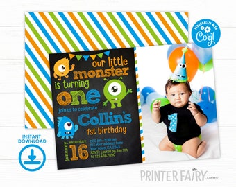 Little Monster Invitation with Photo, Monster 1st Birthday Party, Any age, EDIT YOURSELF Digital Invitation, Instant Download