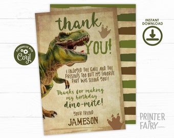 Dinosaur Thank You Card, EDITABLE, Trex Thank You Card, T-rex Birthday, Dinosaur Party, Trex Thank You Note, INSTANT DOWNLOAD