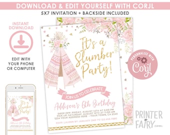 Slumber Party Invitation, EDITABLE, Teepee Birthday Invitation, Pajama Party Invitation, Boho, DIGITAL, Instant Download