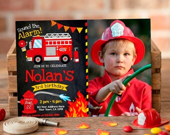 Firefighter Birthday Party Invitation Editable Template with photo, INSTANT DOWNLOAD