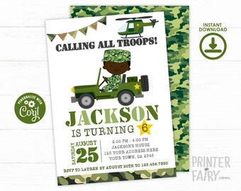 EDITABLE Army Invitations, Camo Invitation, Soldier Birthday Party, Army Birthday Invite, Digital Invitation, INSTANT DOWNLOAD