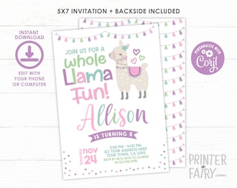 Llama Birthday Invitation, EDITABLE, Llama Birthday Party, Alpaca Invitation, Llama Fun Invitation, INSTANT DOWNLOAD