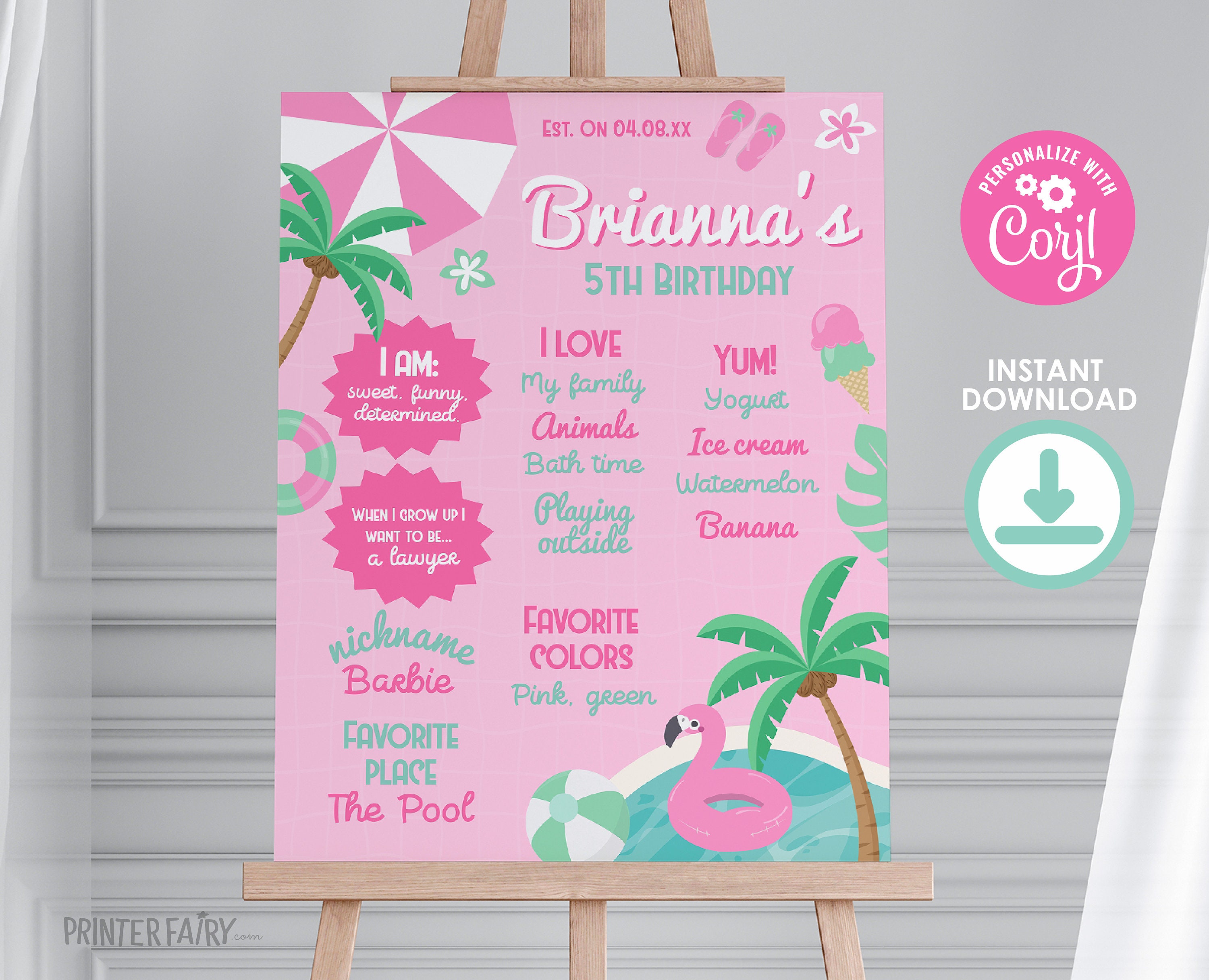 Pinkstats Signage Pool Party Birthday Board, Pink Stats Sign (editable Digital Item) - Etsy