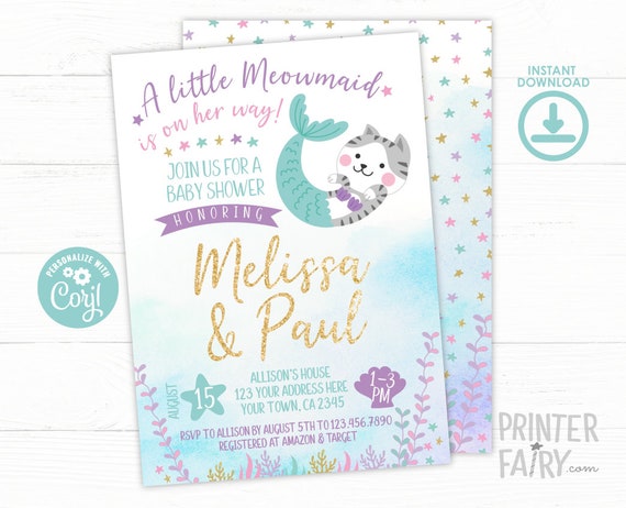Meowmaid Baby Shower Invitation, Summer Baby Shower, EDITABLE Mermaid Baby Shower Invitation, Kitty Cat Baby Shower, INSTANT DOWNLOAD Il_570xn