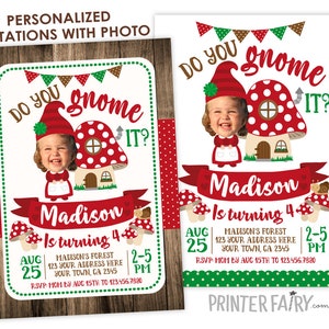 Woodland Gnome Invitation with Photo, Forest Birthday Invitation, Gnome Birthday Party, Personalized DIGITAL Invite