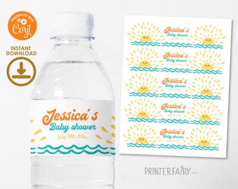 Here Comes The Sun Water Bottle Label, Instant Download, Boho Sunshine Birthday Party Bottle Labels, Printable Template, Here Comes The Sun