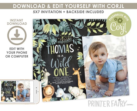Safari Birthday Invitation, Wild One Invitation, EDITABLE, Safari Invitation, Jungle Animals Party, EDIT YOURSELF Digital, Instant Download Il_570xn