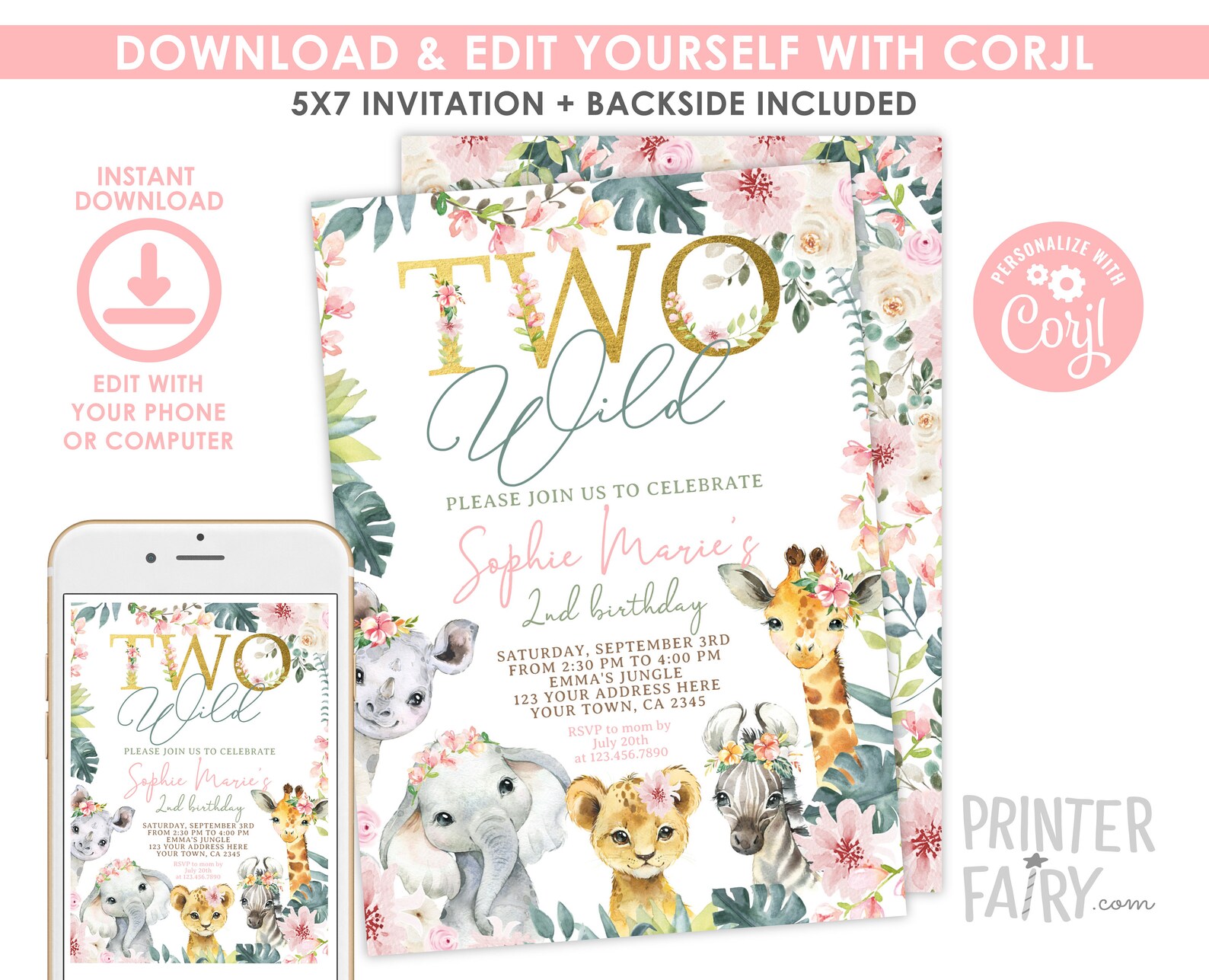 Two Wild Birthday Invitation EDITABLE Jungle Invitation Etsy