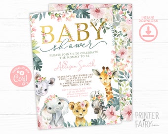 Jungle Baby Shower Invitation, EDITABLE Tropical, Wild One, Floral Baby Shower, Elephant Baby Shower, Safari Baby Shower, INSTANT DOWNLOAD