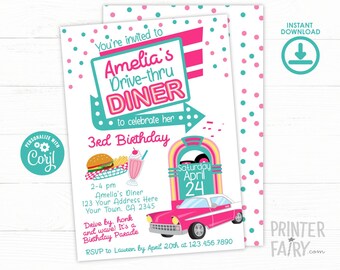 Diner Birthday Invitation, Drive By Invitation, 50s Invitation, Retro Birthday, Music Invitation, Birthday Parade Invite, INSTANT DOWNLOAD