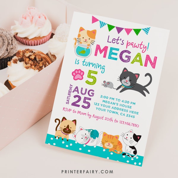 Kitty Cat Invitation, EDITABLE, Kitten Invitation, Cat Birthday, Pawty Invitation, Pet Adoption Party, INSTANT DOWNLOAD