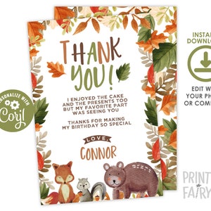 Wild One Thank You Cards, EDITABLE, Forest Birthday Party, Woodland Thank You Notes, DIGITAL, Instant Download