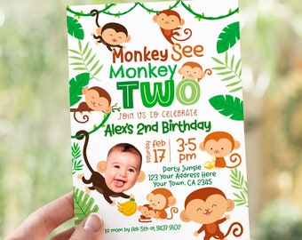 Monkey Birthday Invitation with Photo, Personalized Invitation, Jungle Birthday Invite for Any Age, Monkey Party, Digital Invitation