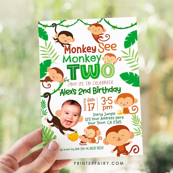 Plantilla Editable De Invitación A Fiesta De Cumpleaños De Monos Para Niñas / Lindas Invitaciones A Fiestas De Monos Para Niños / Go Bananas Swing On Over Invitation - México