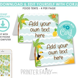Luau Food Tents, EDITABLE, Hawaiian Food Labels, Beach Birthday Party, Summer Party, Place Cards, Party Decorations, INSTANT DOWNLOAD