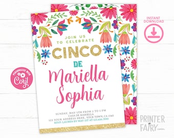 Fiesta Invitation, Fiesta 5th Birthday Invitation, Cinco de Mayo Birthday Invitation, Floral Fiesta Invite, EDIT YOURSELF Digital Invite