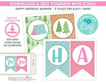 Camping Banner, Summer Camp Birthday Party, EDITABLE Banner, Happy Camper Decorations, Glamping Banner, Gift Tags, Instant Download