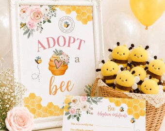 Adopt a Bee Sign and Certificate, Pet Adoption Party Printables (Digital Download)
