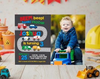 Construction Birthday Invitation, Cars Party, Boy Editable Template (Digital Download)