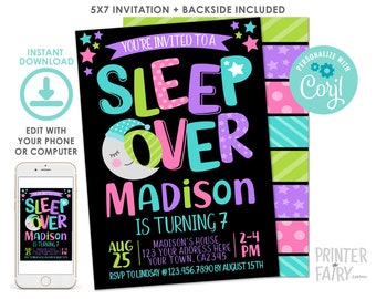 May include: A 5x7 inch invitation for a sleepover party. The invitation is black with colorful text that says "You're invited to a Sleep Over Madison is turning 7". The invitation has a moon and stars design. The date and time of the party are listed as "Aug 25 2-4 PM".