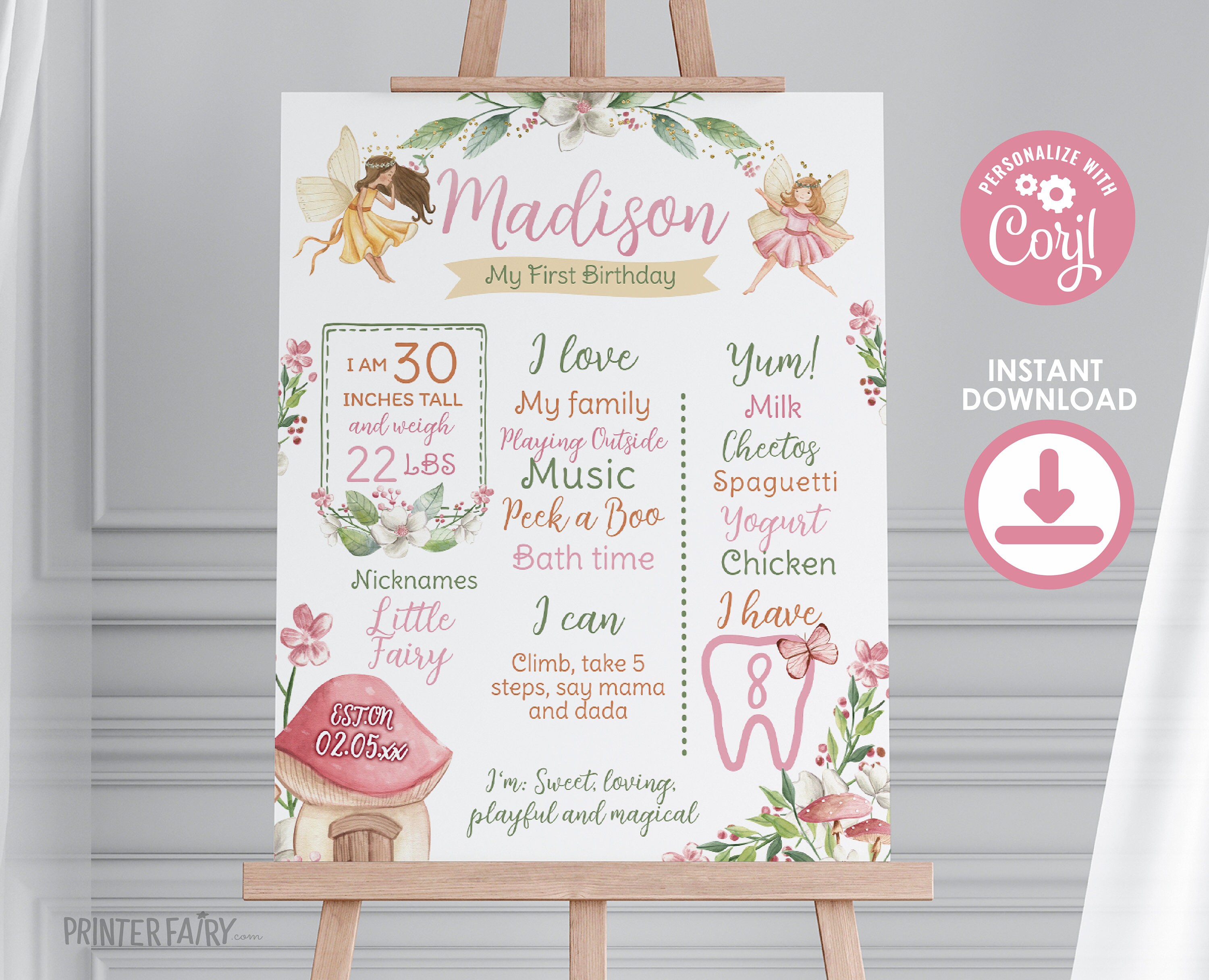 Editable Fairy Birthday Milestones Sign, Whimsical First Birthday Stats ...
