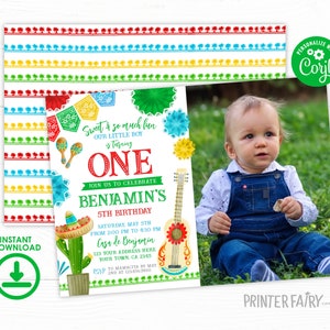 Fiesta First Birthday Party Invitation with Photo, Editable Mexican Fiesta Invitation, Fiesta Decorations, Cinco de Mayo Birthday, Mexican