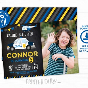 EDITABLE Police Birthday Invitation with Photo, Cops & Robbers Birthday Party, Police Car Invitation, INSTANT DOWNLOAD image 1