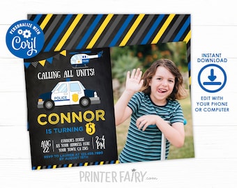 EDITABLE Police Birthday Invitation with Photo, Cops & Robbers Birthday Party, Police Car Invitation, INSTANT DOWNLOAD