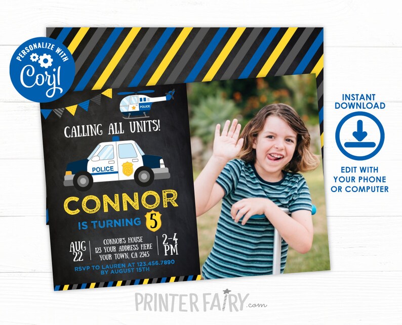 EDITABLE Police Birthday Invitation with Photo, Cops & Robbers Birthday Party, Police Car Invitation, INSTANT DOWNLOAD image 1