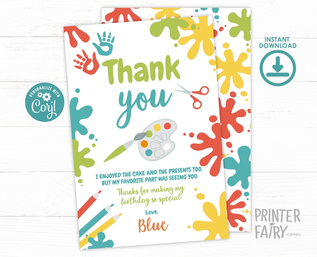 Paint Party Thank You Card, EDITABLE, Art Birthday Party Cards, Art