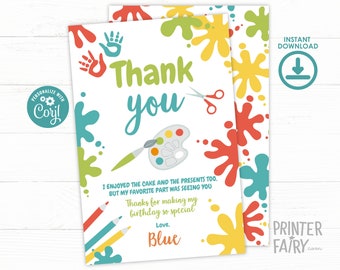 Paint Party Thank You Card, EDITABLE, Art Birthday Party cards, Art Party Thank you card Art Themed Party, Paint Party Invite Painting Party
