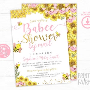 Baby Shower by Mail Invitation, Bee Baby Shower by Mail, Editable, Babee Shower, Sunflower Bee Invitation, Mom to Bee, Instant Download image 1