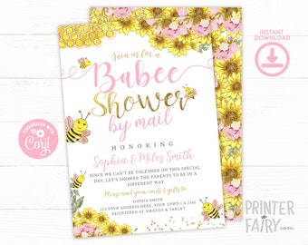 Baby Shower by Mail Invitation, Bee Baby Shower by Mail, Editable, Babee Shower, Sunflower Bee Invitation, Mom to Bee, Instant Download