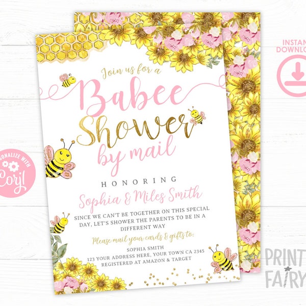 Baby Shower by Mail Invitation, Bee Baby Shower by Mail, Editable, Babee Shower, Sunflower Bee Invitation, Mom to Bee, Instant Download