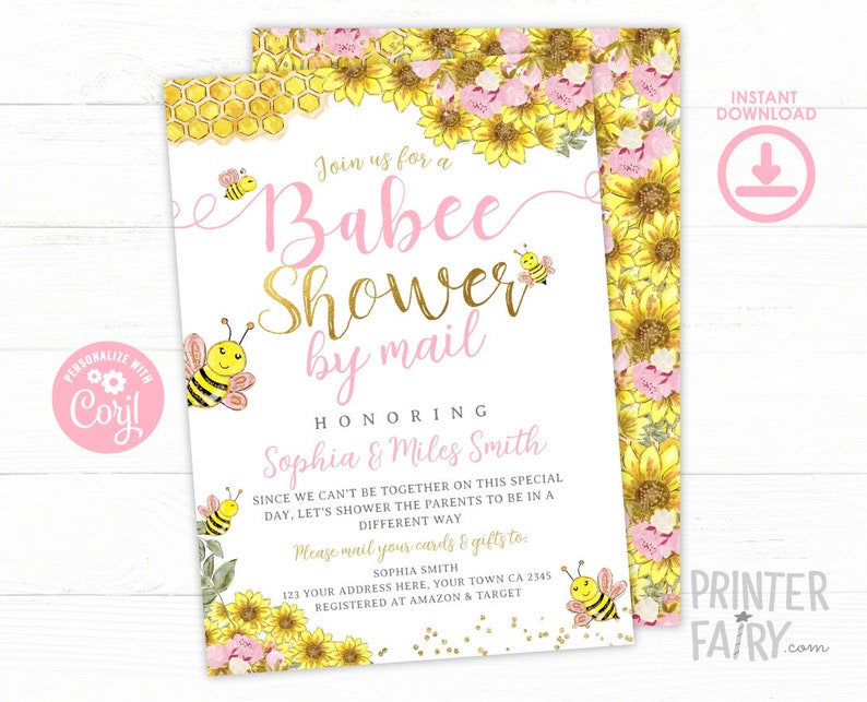 Baby Shower by Mail Invitation, Bee Baby Shower by Mail, Editable, Babee Shower, Sunflower Bee Invitation, Mom to Bee, Instant Download image 1